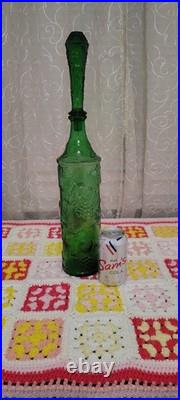 Empoli Italian Glass Decanter Emerald Green Fruit Emboss Stop 21 VTG 60s Large