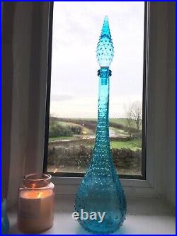 Empoli Italian Ice Blue Hobnail decanter Genie bottle MCM Vintage Glass 1960s