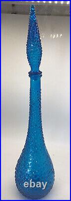 Empoli Italian Vintage MCM Blue Hobnail Glass Decanter Genie Bottle Jar 22