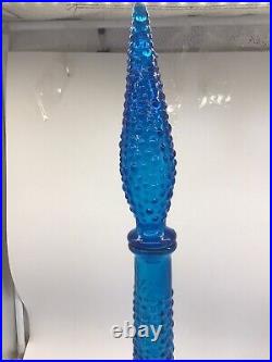 Empoli Italian Vintage MCM Blue Hobnail Glass Decanter Genie Bottle Jar 22
