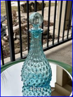 Empoli, Italy Vintage-MCM Hand Made Blue Hobnail Glass Decanter-Spikey Seed Pod