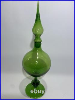 Empoli Optic Green Glass Footed Genie Bottle Decanter w Stopper 20.5 MCM-VTG