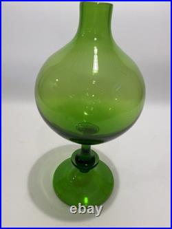 Empoli Optic Green Glass Footed Genie Bottle Decanter w Stopper 20.5 MCM-VTG