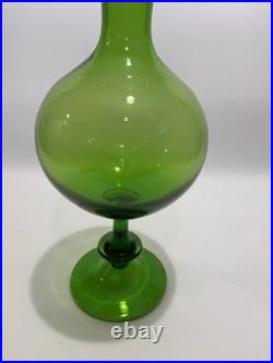 Empoli Optic Green Glass Footed Genie Bottle Decanter w Stopper 20.5 MCM-VTG