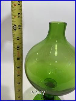 Empoli Optic Green Glass Footed Genie Bottle Decanter w Stopper 20.5 MCM-VTG