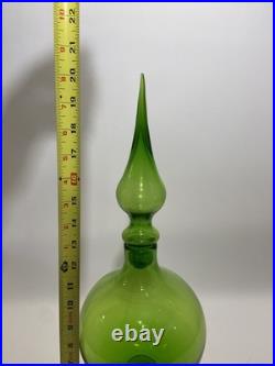 Empoli Optic Green Glass Footed Genie Bottle Decanter w Stopper 20.5 MCM-VTG