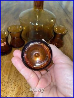 Empoli Vintage MCM Italian Amber Glass Decanter With 4 Glasses Hand Blown