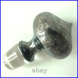 Etched Sterling Silver and Glass Stopper for Decanter Antique Ornate Top Vtg