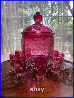 European Cranberry Glass Decanter Set with Etched Design of Grapes and Leaves