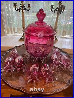 European Cranberry Glass Decanter Set with Etched Design of Grapes and Leaves