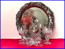 Fabulous Vintage Crystal Decanter 6 Wine Glasses Silver Plated Tray Bohemia 1960