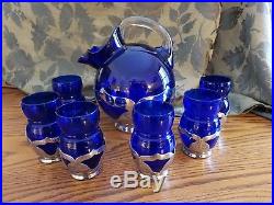 Farber Bros. Cobalt Blue Decanter & 6 Glasses Vintage 1932 signed