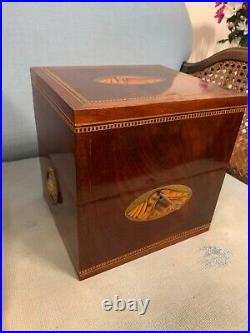 Fine Antique Shell Inlaid Mahogany 4 Decanter Box Intact Glass Tray & Decanters