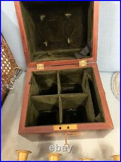 Fine Antique Shell Inlaid Mahogany 4 Decanter Box Intact Glass Tray & Decanters