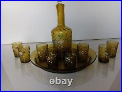 French Green Enamel Hand Painted Glass Decanter Set Vintage (Francios Legras)