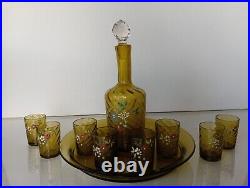 French Green Enamel Hand Painted Glass Decanter Set Vintage (Francios Legras)