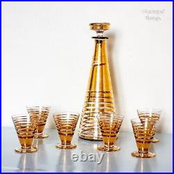 French Vintage Clear Glass Decanter Set with Gilded Gold Bands and 6 Glasses