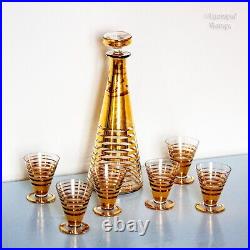 French Vintage Clear Glass Decanter Set with Gilded Gold Bands and 6 Glasses