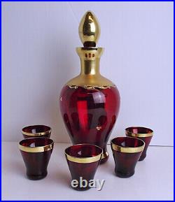 GORGEOUS Vtg Bohemian Cranberry Red Decanter Shot Glass Set Enameled Gold HP