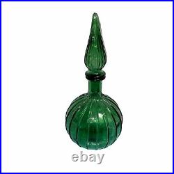 Genie Bottle Decanter Vintage Glass MCM Ribbed Flame Stopper Onion Shape Green