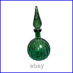 Genie Bottle Decanter Vintage Glass MCM Ribbed Flame Stopper Onion Shape Green