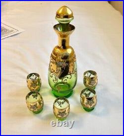 Genie bottle decanter And Glasses MSM Vintage Gold Accent stunning smokey green