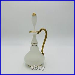 Glass Decanter Pitcher Opaline White And Gold Trimmed Vintage Delicate Stopper