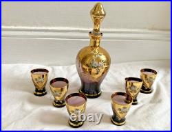 Glass Decanter Set Spirit/Liqueur Vintage Murano Gold & Cobalt Blue Venetian