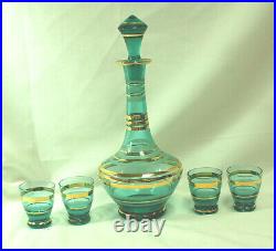 Glass Decanter with 4 Glasses Vintage Blue Green in Color with Gold Rings S8793