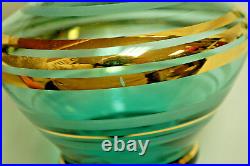 Glass Decanter with 4 Glasses Vintage Blue Green in Color with Gold Rings S8793