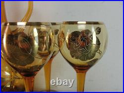 Gold Rose Gilded Amber Czech Crystal Art Glass Decanter Red Wine Set Vintage