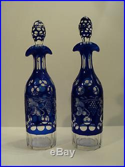 Gorgeous Matched Pair Of Vintage Cobalt Overlay Cut-to-clear Decanters