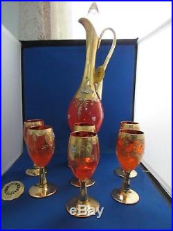 Gorgeous Vintage Venetian Glass Decanter and Wine Glasses- Hand-Painted in Italy