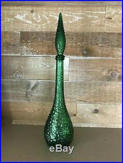 Green Genie Bottle Green Italian Art Glass Hobnail Tall Decanter Empoli Vintage