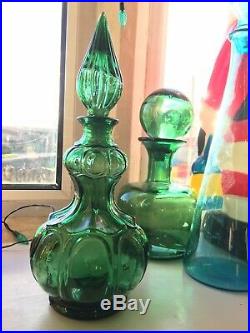 Green Gourded Vintage MCM Italian Empoli Glass Genie Bottle Decanter 1960s