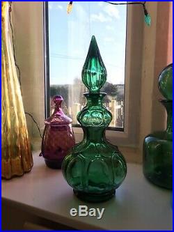 Green Gourded Vintage MCM Italian Empoli Glass Genie Bottle Decanter 1960s