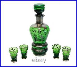 Green Silver Overlay Glass Decanter and Liquor Cups for 4