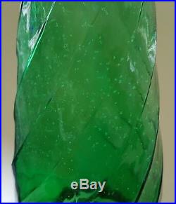 Green glass vintage Art Deco antique tall spiral design lidded decanter vase