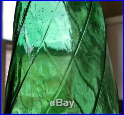 Green glass vintage Art Deco antique tall spiral design lidded decanter vase