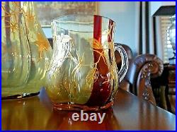 HTF 1890-1900's HARRACH Glass Oxblood Red & Sand Gold Painted Pitcher & MUGS Set