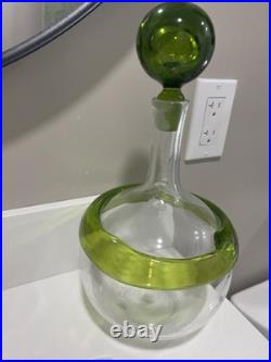 HTF Vintage Blenko Handmade Glass Gump Decanter in Green Mid Century MCM