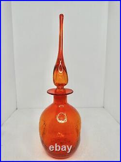 HTF Vintage MCM Rainbow Crackle Glass 15.5 Pinched Decanter Orange WithStopper