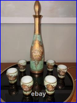 Handblown Emerald Rose Venetian Decanter & Cordial Set. 18k Gold Trim. VTG. NIB