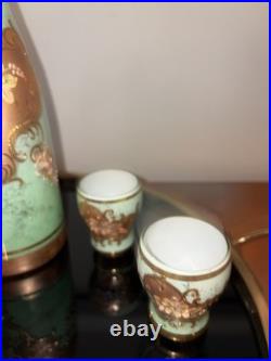 Handblown Emerald Rose Venetian Decanter & Cordial Set. 18k Gold Trim. VTG. NIB