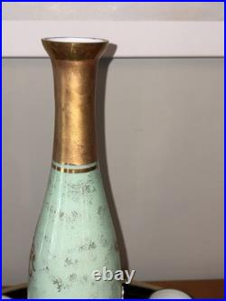 Handblown Emerald Rose Venetian Decanter & Cordial Set. 18k Gold Trim. VTG. NIB