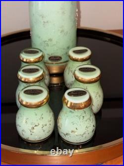 Handblown Emerald Rose Venetian Decanter & Cordial Set. 18k Gold Trim. VTG. NIB
