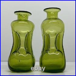 Holmegaard Style KLUK KLUK Pinched Glass Bottle 5 Olive Green Lot Of 2 Vintage