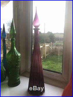 Huge Purple Fluted Vintage MCM Italian Empoli Glass Genie Bottle Decanter 1960s