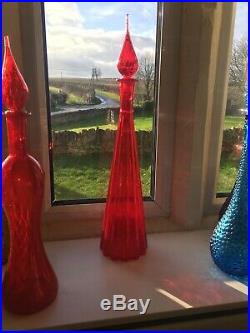 Huge Red Fluted Vintage MCM Italian Empoli Glass Genie Bottle Decanter 1960s