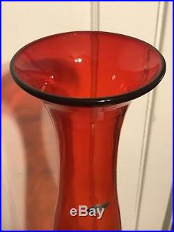 Huge Vtg Blenko 6138 Wayne Husted Mid Century Red Decanter Floor Vase No Stopper